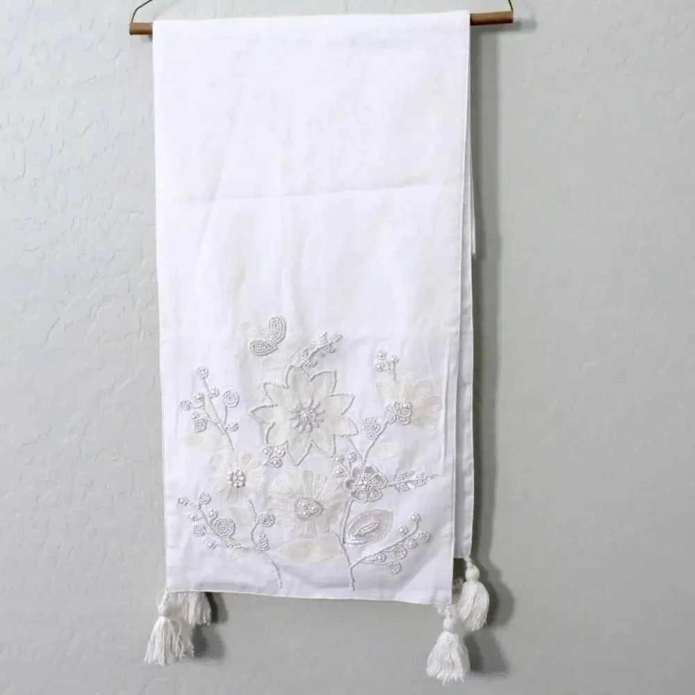 Pier 1 Imports Boho Floral Sequin Beaded White Embroidered Tassel Table Runner